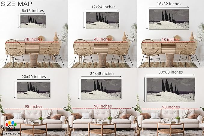 GUTTATY Christmas Winter Scene Canvas Wall Art, Snowy Landscape Canvas Pictures, Moody Cypress Trees Wall Paintings, Subtle Gray Poster Prints for Living Room Decor, Home Office Artwork, 48x24 Inch