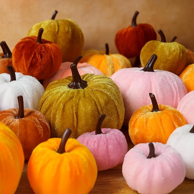 12 Faux Flocked Pumpkins, Perfect for Fall Harvest, Halloween, or Thanksgiving Table Centerpieces(12, Orange, Yellow, and Crimson)
