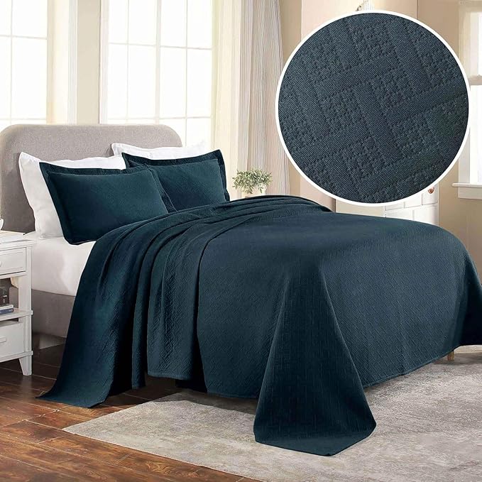 Superior 100% Cotton Basket Weave Bedspread with Shams, All-Season Premium Cotton Matelasse Jacquard Bedding, Quilted-Look Geometric Basket, King, Deep Sea