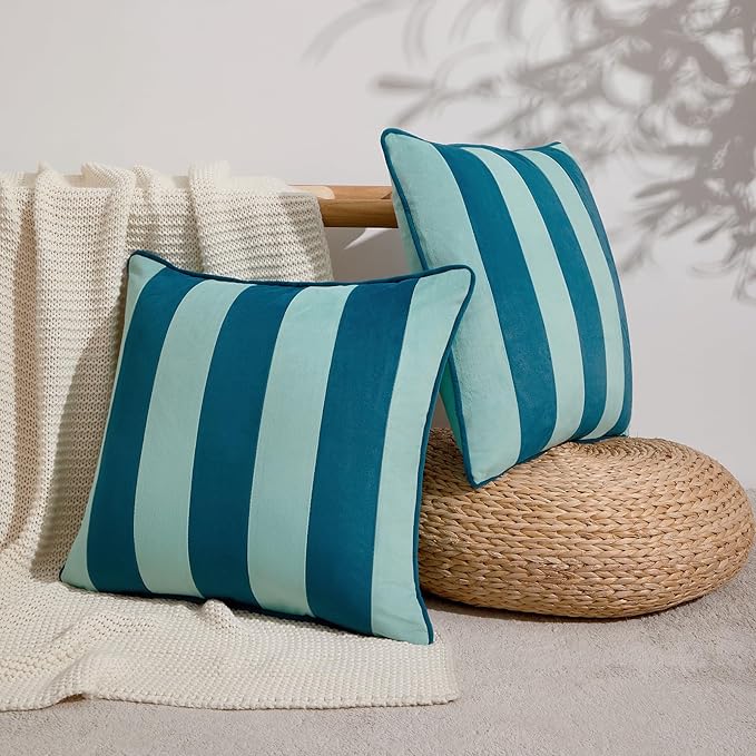 MONDAY MOOSE Decorative Throw Pillow Covers Cushion Cases, Set of 2 Soft Velvet Striped Piping Edge Designs, Pillow Inserts Not Included (Blue/Light Blue, 16x16 inch)
