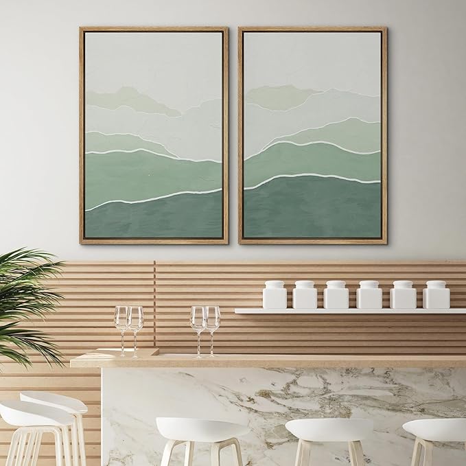 SIGNWIN Framed Wall Art Print Set Green Gradient Wave Landscapes Abstract Shapes Illustrations Modern Art Bohemian Relax/Calm Multicolor for Living Room, Bedroom, Office - 24"x36"x2 Natural