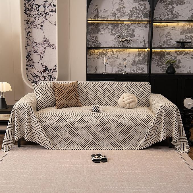 ROOMLIFE Striped Boho Black Couch Cover for 2-3 Cushion Sofa, Fuzzy Plush Warm Sofa Slipcovers Sectional Sofas Covers, Non Slip Washable Furniture Protector Soft with Tassel,Winter 71''X134”
