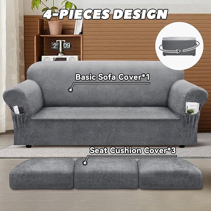 Sofa Slipcover with Armrest Pockets 4-Piece Set, Stretch Faux Leather Couch Cover for 3-Cushion Couches(Fits 72-92") - Non-Slip, Machine Washable, Pet & Kid Friendly - Light Gray