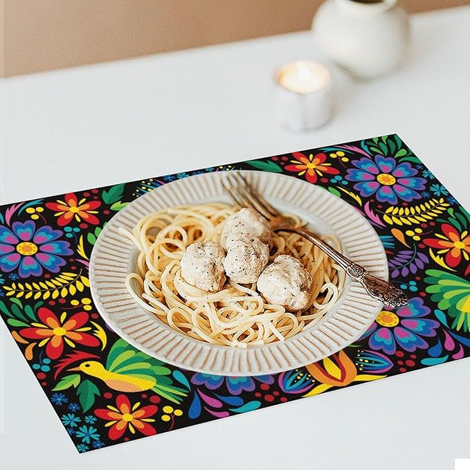 Mexican Flroal Birds Placemat Set of 6, 12x18 Inch Black Colorful Mexico Floral Fiesta Birds Talavera Dia De Los Muertos Day of The Dead Coffee Table Mats for Outdoor Kitchen Dining Table Decoration
