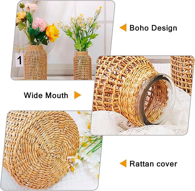 MDEOOSKY Straw Woven Glass Vase 10.25''X3.93''X5.52''Boho Glass Flower Vase Country Rustic Style Vase Glass Vase for Floral Arrangements Bottle Height (B Style 10.25IN)