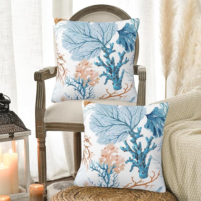 Pillow Covers 18X18 Set of 2, Blue and Brown Corals Decorative Throw Pillow Covers, Colorful Underwater Sea Life Pillow Cover Pillowcase Cushion Case for Home Sofa Couch Indoor Outdoor