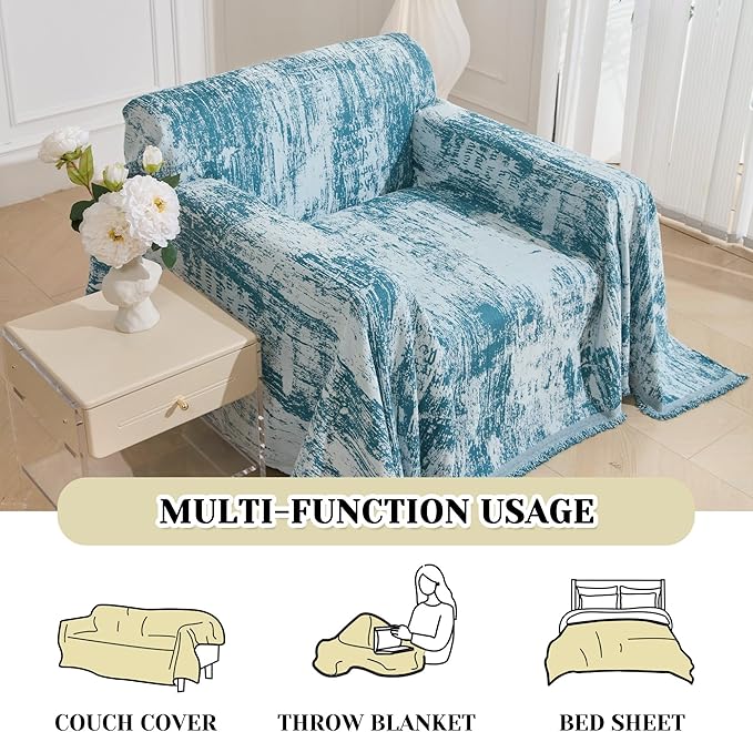 MEETSKY Small Couch Cover Oversized Chair Cover Washable Boho Recliner Slipcover, Pet Friendly Couch Protector with Tassels, Abstract Geometric Design, 71" x 91", Blue