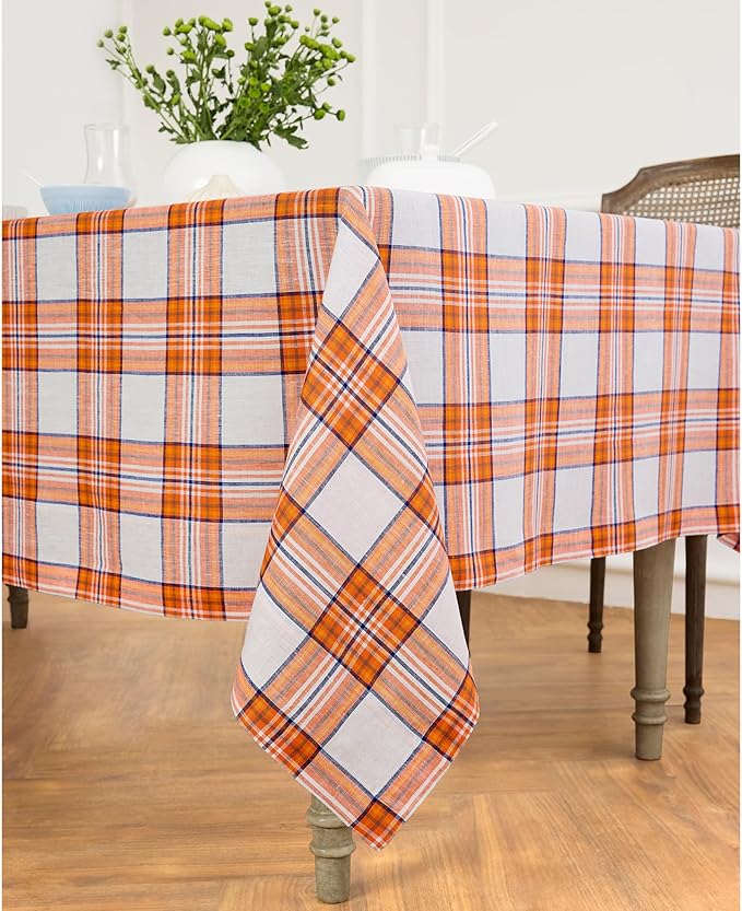 Solino Home Plaid Linen Tablecloth 60 x 90 Inch - 100% Pure Linen Orange Tartan Plaid Table Cloth for Rectangle Tables - Machine Washable Tablecloth for Fall, Autumn, Thanksgiving