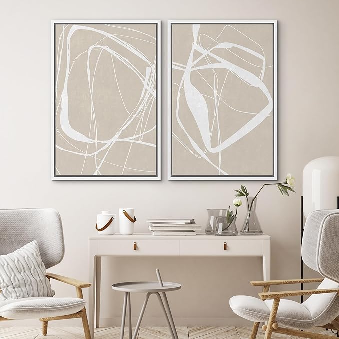 SIGNWIN Framed Canvas Print Wall Art Set Mid-Century Geometric Ring Pattern Abstract Shapes Cozy Neutral Minimalism Decorative Bohemian Relax/Zen for Living Room, Bedroom, Office - 24"x36"x2 White