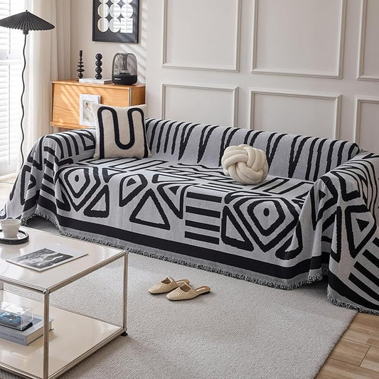 DREAMINGO Boho Couch Cover Washable Chenille Sofa Cover Blanket Light Grey Black Furniture Protector for Sectional 3 Cushion Couch Reversible Geometric Sofa Slipcover, XX-Large 71"x150"