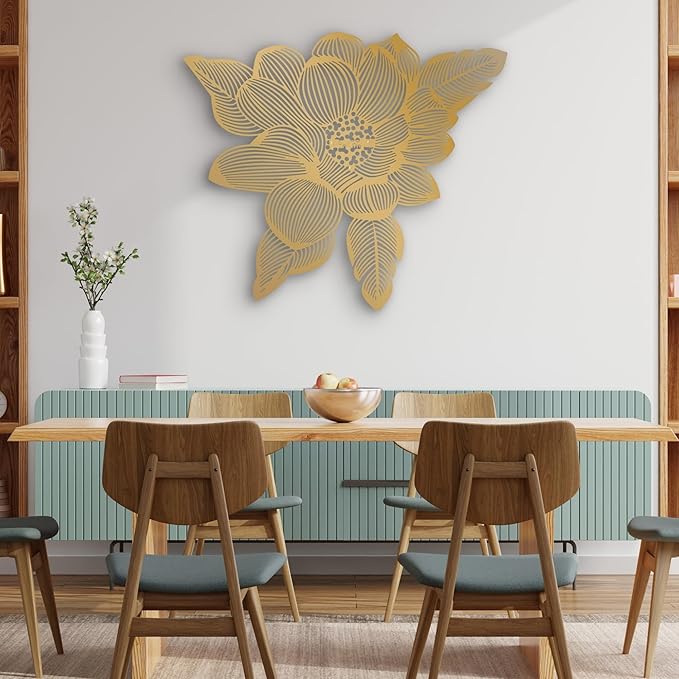 NEODECO 3D Flower Metal Wall Art, Floral Line Art, Minimalist home decor (Gold, Small)