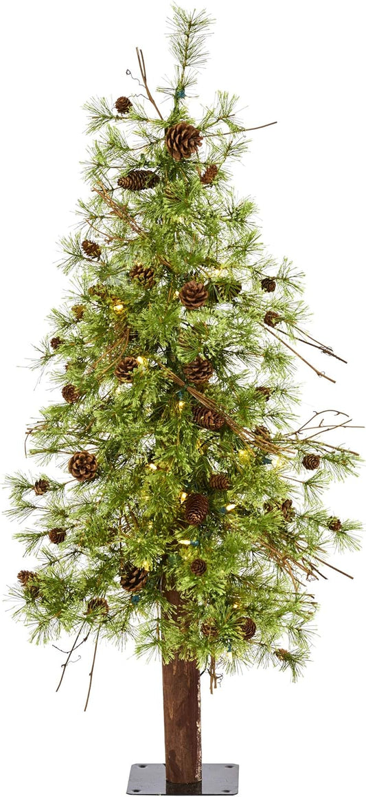 Nearly Natural 4ft. Wyoming Alpine Artificial Christmas Tree with 50 Clear (Multifunction) LED Lights and Pine Cones on Natural Trunk