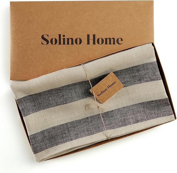 Solino Home Linen 60 Inch Round Tablecloth - Cabana Stripe, 100% Pure Linen Black and Natural Round Tablecloth - Machine Washable Table Cloth for Fall, Autumn, Thanksgiving
