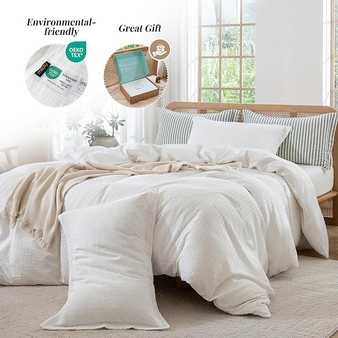 MILDLY White Boho Duvet Cover Set - 100% Washed Cotton Jacquard Stripe Textured Comforter Cover with Zipper Closure 68"x90"