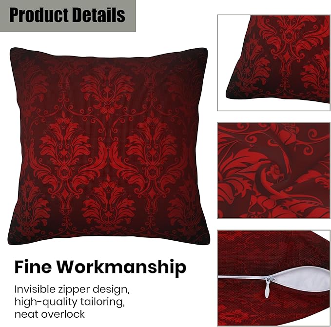 Vintage Damask Floral Pillow Covers 18X18 Set of 2, Luxuxy Dark Red Flowers Decorative Throw Pillow Covers, Pillowcase Cushion Case for Home Sofa Couch Indoor Outdoor Decorations