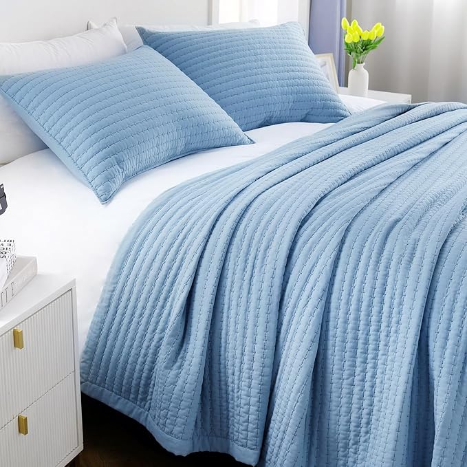 Queen Quilt Set – 90"x90" Soft Washed 3-Layer Lightweight Bedspread with Multi-Lock Quilting, Minimalist Nordic Bedding, All-Season Quilt Set for Spring & Summer (1 Quilt + 2 Pillow Shams), Blue
