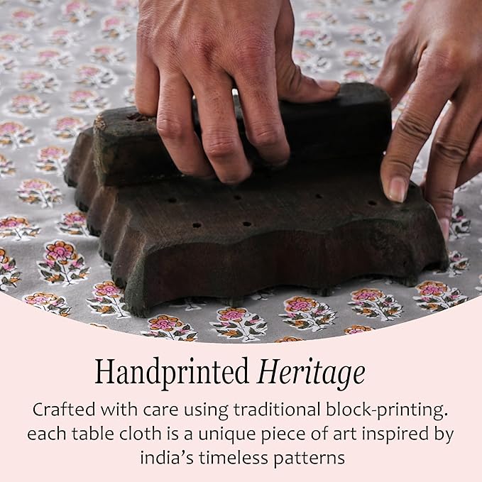 CPC Tablecloth 100% Cotton 72x140 Inch Indian Block Print Rectangle Table Cover, Gray Table Cloth for Weddings, Spring/Summer, Barbeque - Labra Gray