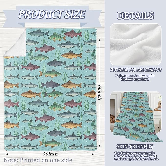 Colorful Fish Blanket, Aquatic Ocean Theme 80 x 60 Inch Flannel Throw Blanket, Gifts for Women Kids, Lightweight Cozy Warm Blankets for Sofa Travel Home Decor