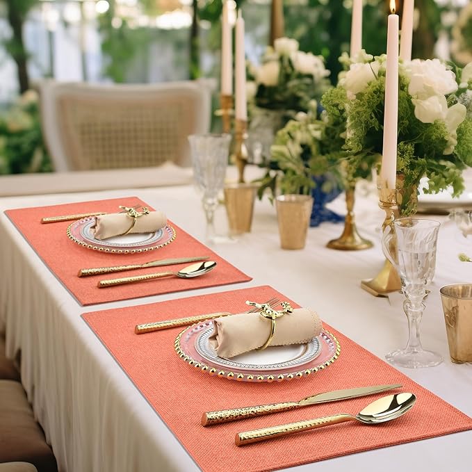 SLKQG Thanksgiving Linen Fabric Placemats Set of 6 - Heat Resistant & Machine Washable Table Mats for Holiday Dining, Double-Layered for Family Gatherings - Indoor Outdoor Use (6, Orange)