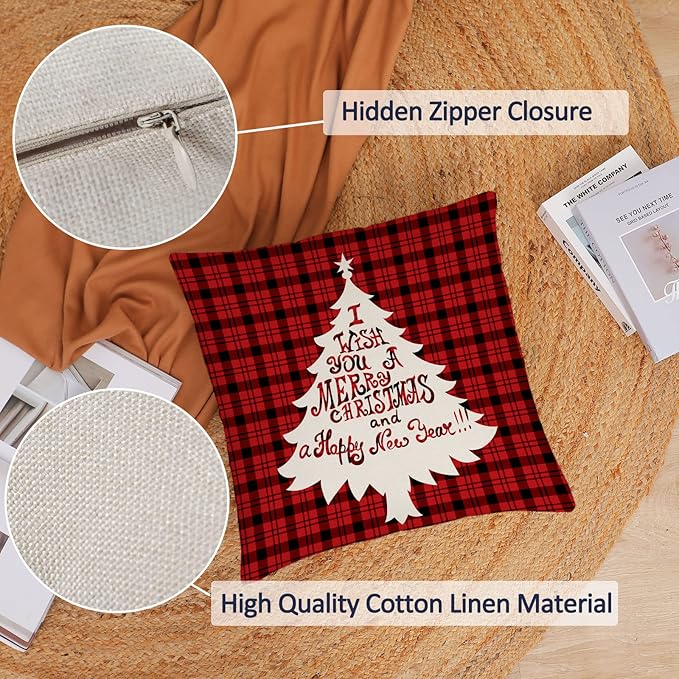 Neatee Living Christmas Pillow Covers 22x22 Set of 4 Red Xmas Vintage Throw Pillows Christmas Tree Deer Snowman Pillow Cases Outdoor Sofa Couch Cushion Covers for Home Decorations (22 by 22)