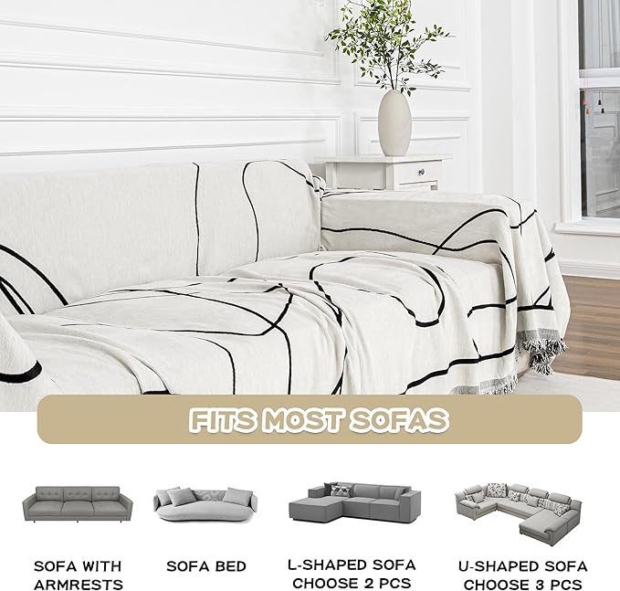 MEETSKY Couch Cover Sofa Slipcover Couch Protector Covers for Sectional Sofa Universal Fit for Couch 3 Seat, Thick Washable Soft Touch for Pets, 71" x 134", Black Curve