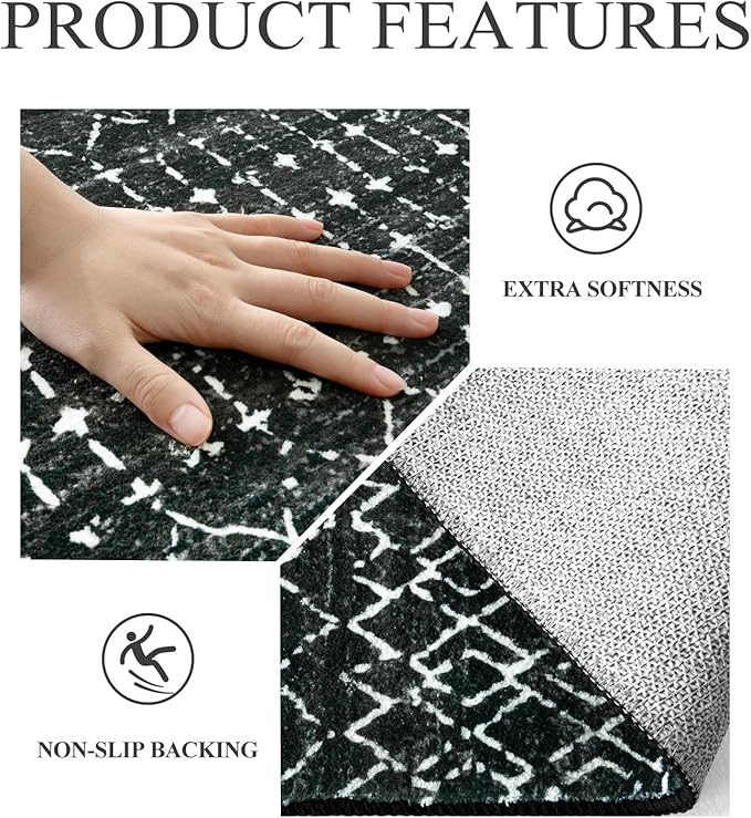 Lahome Moroccan 2x6 Black Runner Rug Non-Slip, Kitchen Rug Runner Washable Non-Skid Hallway, Geometric Print Distressed Carpet for Entryway Bathroom Laundry