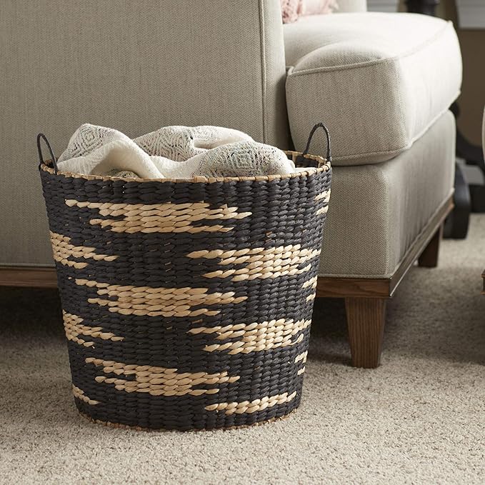 Household Essentials Large Round Woven Wicker Storage Basket with Handles | Black and Brown Geometic Design