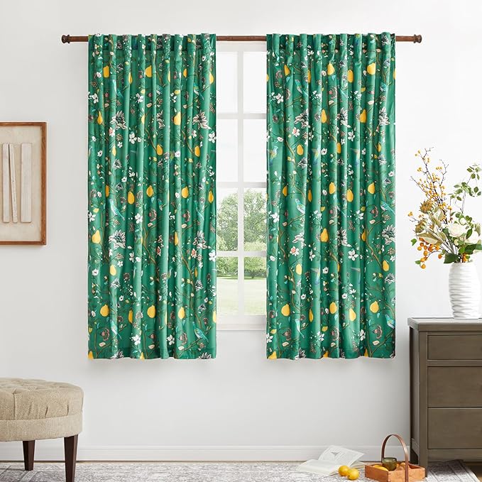 MUSSEL Velvet Whimsical Floral Curtains 63 inches Long,Dark Green Luxury Botanical Room Darkening Curtain Drapes,2 Panels Mid Century Hummingbird Art Deco Window Curtains for Living Room Bedroom