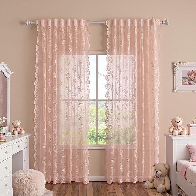 MEETSKY Pink Lace Curtains 96 Inch Length Set of 2 Vintage Victorian French Pretty Elegant for Girls Room Light Filtering Privacy Protect Back Tab Rod Pocket Sheer Drapes, 50"W Each Panel, Light Pink
