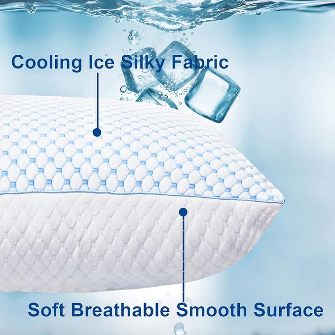 XWZO Cooling Pillow for Sleeping Queen Size Set of 1, Shredded Memory Foam Pillows Adjustable Gel Bed Pillows for Side Back Stomach Sleepers with Washable Removable Cover