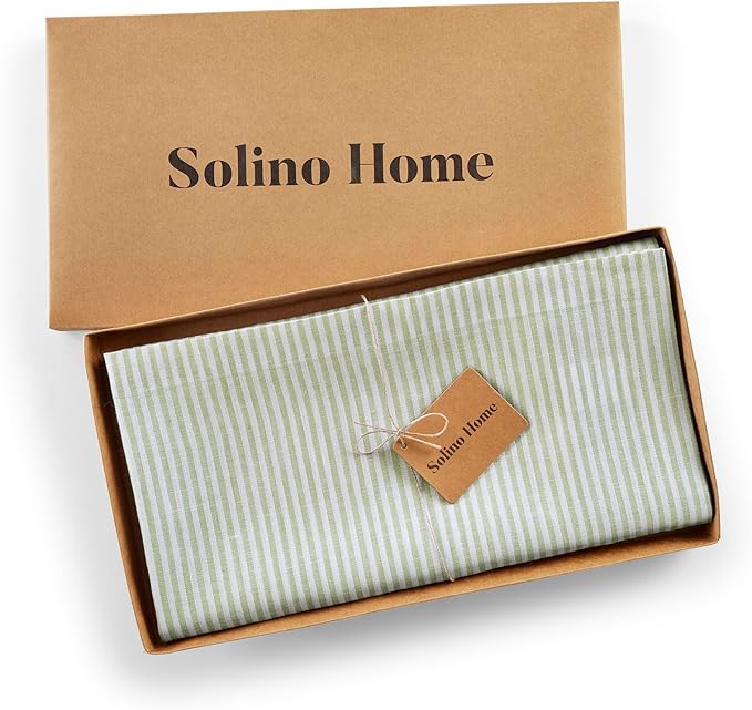 Solino Home Linen Square Tablecloth 52 x 52 Inch - Narrow Stripe, 100% Pure Linen Avocado and White Table Throw - Machine Washable Tablecloth for Fall, Autumn, Thanksgiving, Christmas, Winter