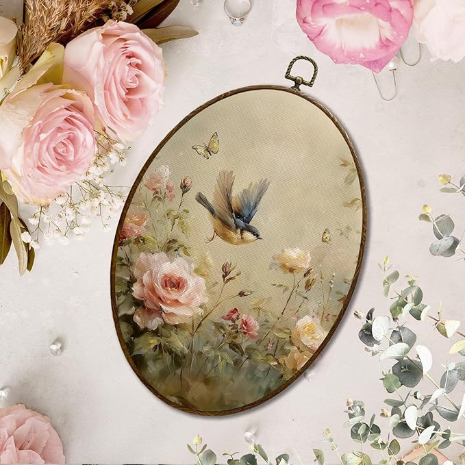 JQF Vintage Floral Bird Oval Wall Art, Rustic Cottagecore Rose Floral Sparrow Oval Canvas Wall Art, Retro Flower Bird Framed Prints Hanging Decor for Home Bedroom Living Room, 8.5x11.5 Inch