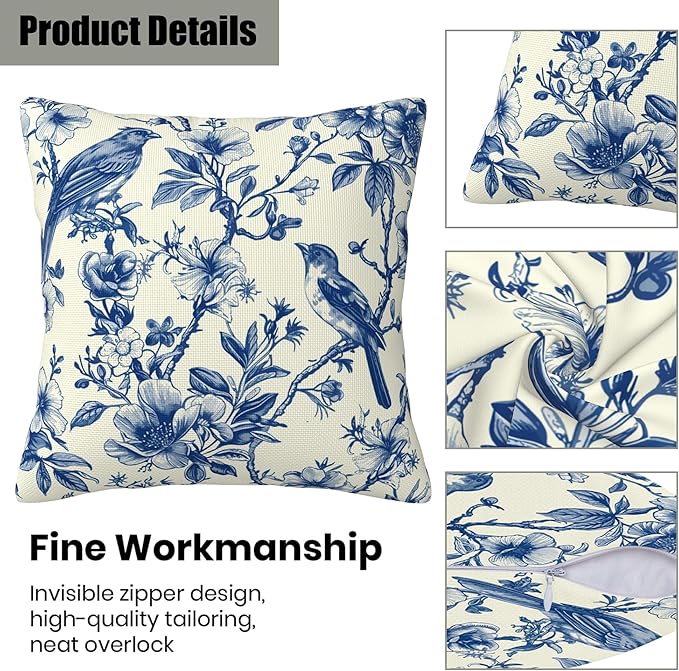 Blue Bird and Flowers Pillow Covers 18X18 Set of 2, Vintage Toile Wild Floral Decorative Throw Pillow Covers, Pillowcase Cushion Case for Home Sofa Couch Indoor Outdoor Decorations
