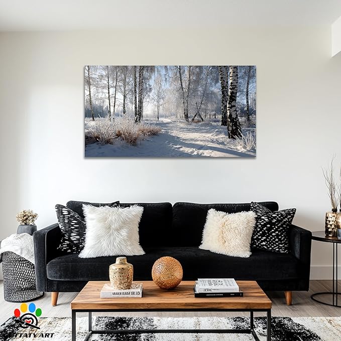 GUTTATY Christmas Winter Scene Canvas Wall Art, Snowy Forest Birch Tree Canvas Prints, Serene Blue White Painting, Peaceful Landscape Poster Picture for Living Room Bedroom Office, 60x30 Inch