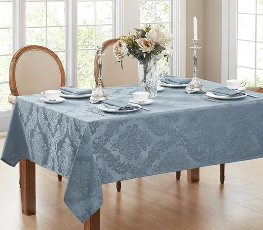 Newbridge Barcelona Damask Fabric Tablecloth, 60 x 120 Inch Rectangle, Blue – No Iron, Soil Resistant Table Cover for Dining, Parties and Holidays