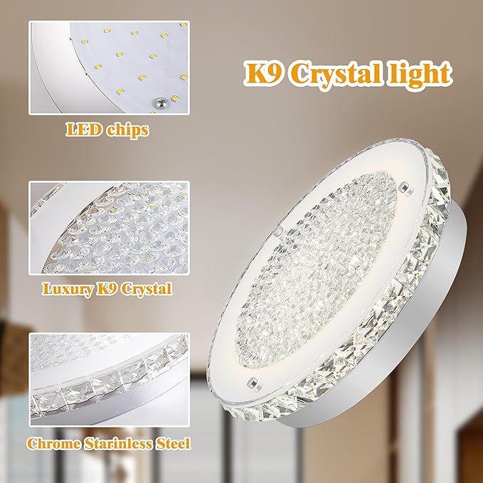 Crystal Ceiling Light 11" LED Crystal Bathroom Ceiling Light Fixtures Semi Flush Mount for Kitchen, Entryway, Foyer, Bedroom, Bathroom, Laundry Room, Cloakroom, Hallway 4000K (Dimmable)