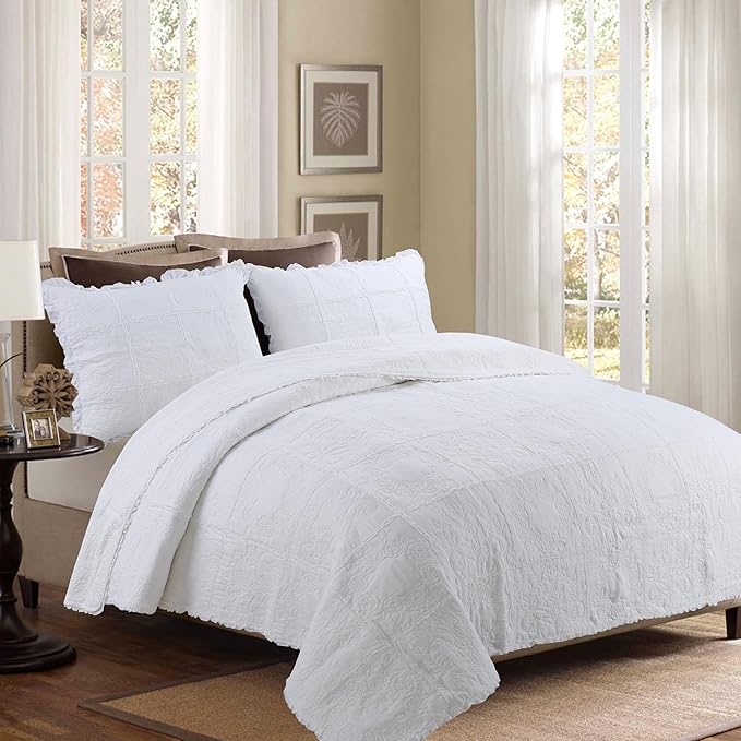 DURLENGEN White Rose Patchwork 100% Cotton Queen Quilt 3Pcs,White Patchwork with Rose Pattern,Luxury Lightweight Cotton Coverlet Sets for All Season(Queen 90x96,White Rose Patchwork)