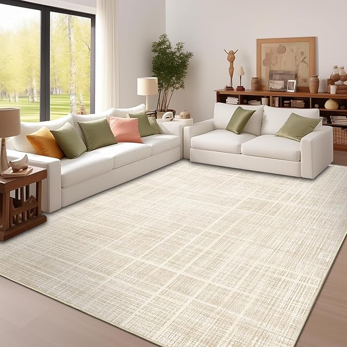 Enkor Area Rugs 9x12 Washable Non Slip Abstract Soft Rugs for Living Room Bedroom, Modern Mat for Kitchen Entryway Beige Grid