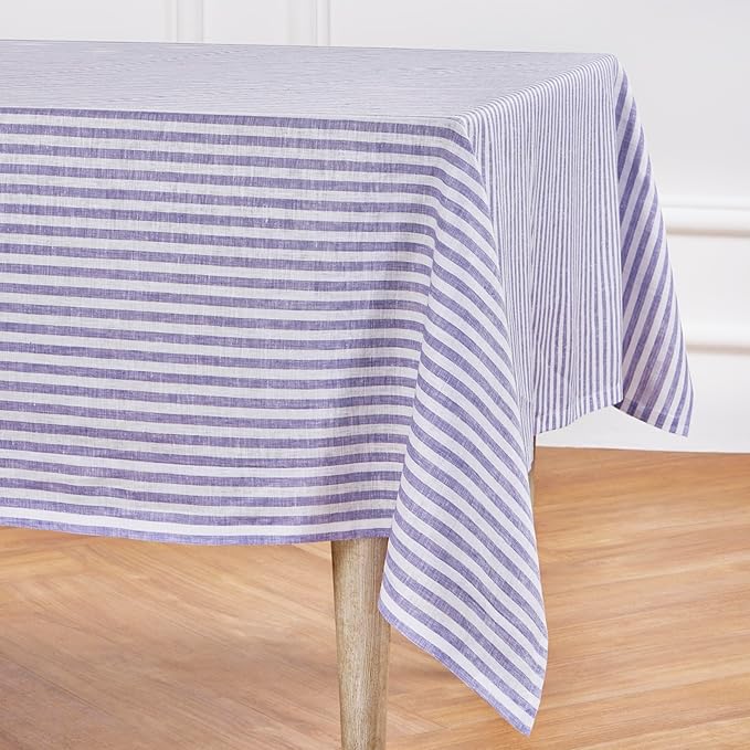 Solino Home Linen Striped Tablecloth 60 x 108 Inch - 100% Pure Linen Violet and White Table Cloth for Rectangle Tables - Amalfi Stripe, Machine Washable Tablecloth