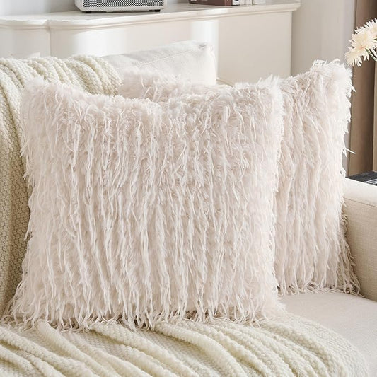 FUTEI Cream White Decorative Throw Pillow Covers 22x22 Inch Set of 2,Soft Fluffy Faux Feather Texture Cushion Cases,Modern Home Luxury Decor for Couch Bed Living Room