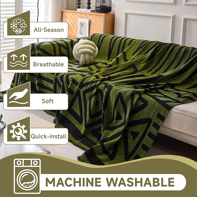 VClife Boho Couch Cover Thick Soft Chenille Sofa Covers for Sectional Couch, Bohemian Forest Green Couch Covers for 3 Cushion Couch Sofa Washable Multi-Functional Furniture Protector, 71''x150''