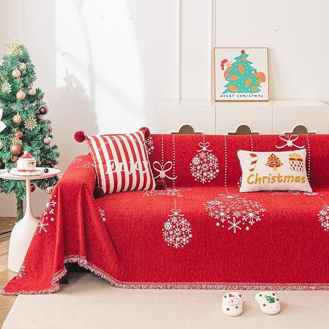 hyha Couch Cover for Dogs, Boho Sofa Covers for 3 Cushion Couch Washable, Chenille Sofa Slipcover for Pets, Soft Loveseat Sectional Couch Throw Blankets with Tassels (Red Snowflakes, 71x118 Inch)
