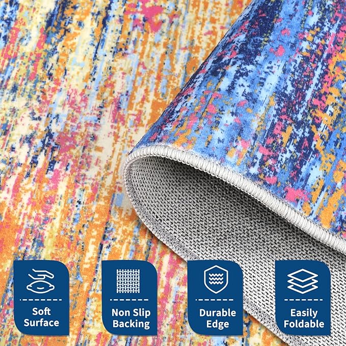 Washable Runner Rug 2x6 Modern Abstract Kitchen Rugs, Non Slip Bathroom Rug, Low Pile Laundry Room Soft Long Carpet for Hallway Bedroom Entryway, Blue/Orange