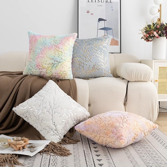 LIGICKY Set of 2 Decorative Lumbar Pillows Fluffy White Fur Pillow Coves Silver Branches Glitter Throw Pillows Soft Furry Sparkling Rectangle Cushion Cases for Sofa Bedroom Party Décor 12x20inch