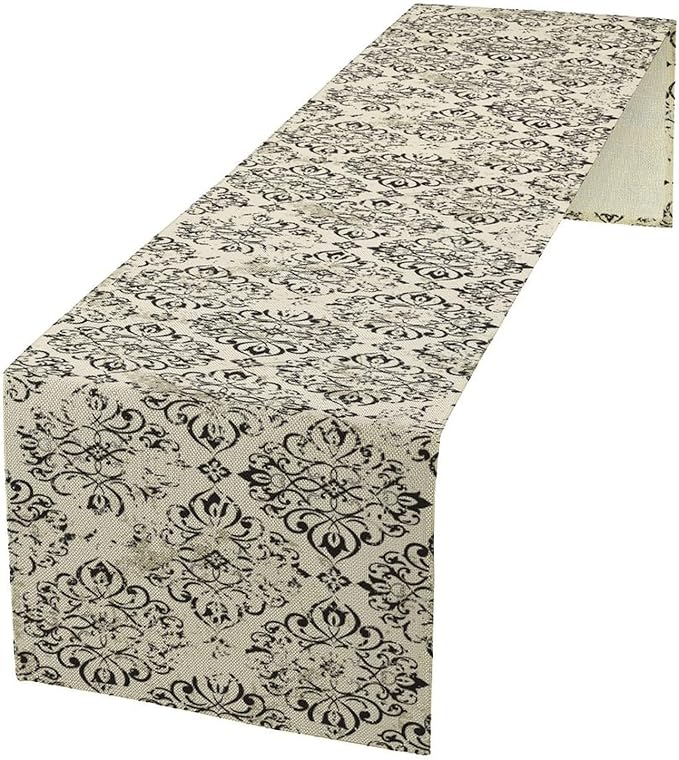 Damask Floral Table Runner, Vintage Black White Royal Floral Antique Gothic Dark Flower Table Runner for Kitchen Dining Weddings Party Decor 13x72in