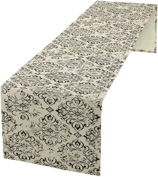 Damask Floral Table Runner, Vintage Black White Royal Floral Antique Gothic Dark Flower Table Runner for Kitchen Dining Weddings Party Decor 13x60in