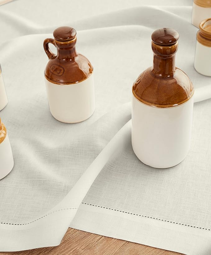 Solino Home Ivory Linen Tablecloth 52 x 52 Inch - 100% Pure Linen Square Table Throw - Classic Hemstitch, Machine Washable Table Cloth for Fall, Autumn, Thanksgiving, Christmas, Holiday