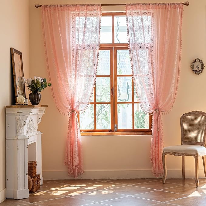 Light Pink Curtains for Girls Room 96 Inches Long 2 Panels Pretty Flower Crochet Lace Curtains with Tassel Light Filtering for Bedroom Nursery Living Room Princess Cute Boho Decor, 59x96, Pink