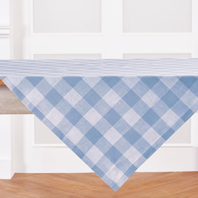Solino Home Linen Checkered Tablecloth 52 x 52 Inch - 100% Pure Linen Chambray Blue and White Buffalo Plaid Square Tablecloth - Machine Washable Table Throw for Holiday
