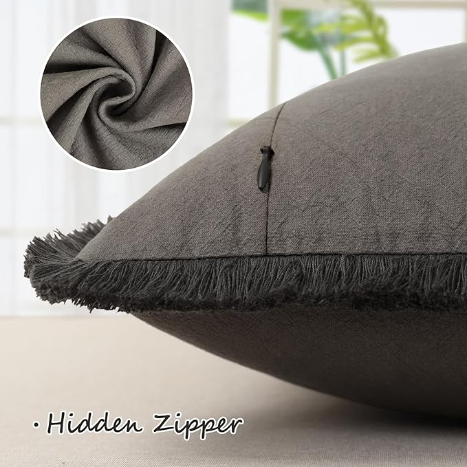 ZWJD Pillow Covers 18x18 Set of 2 Dark Gray Throw Pillow Covers with Fringe Chic Cotton Decorative Pillows Square Cushion Covers for Sofa Couch Bed Living Room Farmhouse Boho Decor